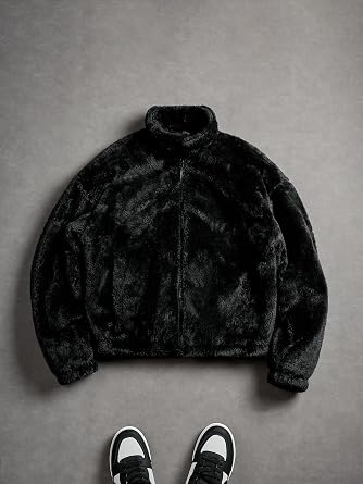 Men's Plush Faux Fur Winter Jacket High Collar Cropped Jacket Puffer Jacket Zip Up Winter Warm Fuzzy Jacket