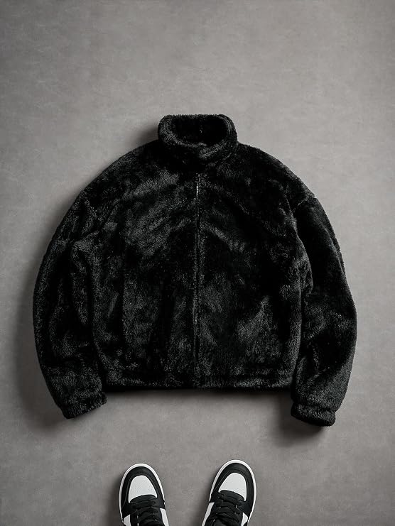 Men's Plush Faux Fur Winter Jacket High Collar Cropped Jacket Puffer Jacket Zip Up Winter Warm Fuzzy Jacket