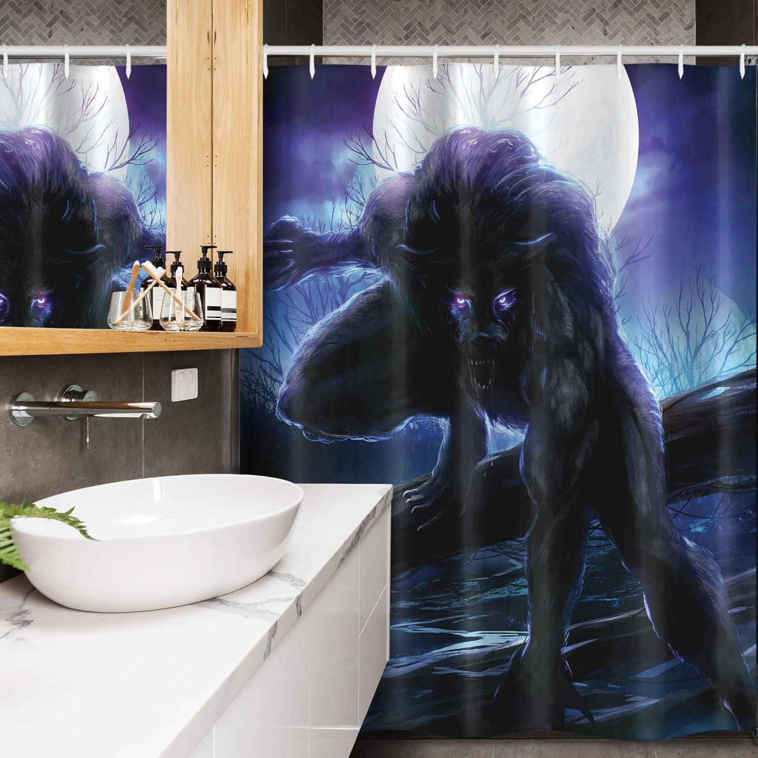 Ambesonne Fantasy World Stall Shower Curtain, Surreal Werewolf Electric Eyes in Full Moon Transformation Folkloric, Fabric Bathroom Decor Set with Hooks, 54" W x 78" L, Purple Blue