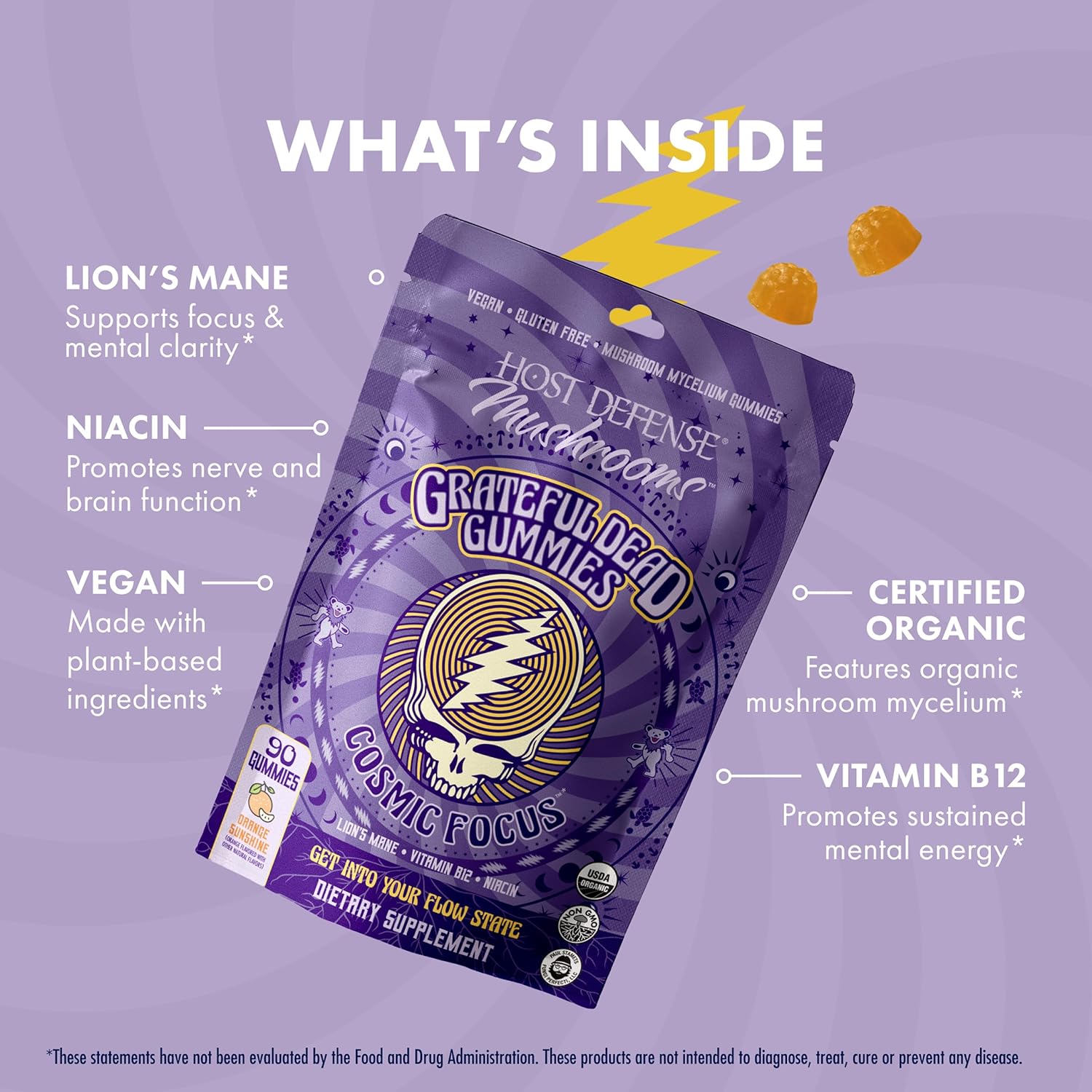 Host Defense Cosmic Focus Grateful Dead Gummies - Mushroom Gummies with Lion’s Mane, B12 & Niacin - Supports Focus, Memory, Brain Function & Mental Energy (30 Servings)