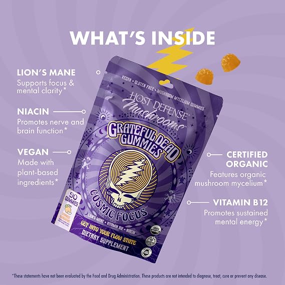 Host Defense Cosmic Focus Grateful Dead Gummies - Mushroom Gummies with Lions Mane, B12 & Niacin - Supports Focus, Memory, Brain Function & Mental Energy (30 Servings)