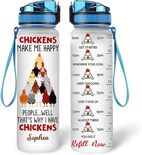 Hyturtle Regalo personalizado de pollo para mujer, Chickens Make Me Happy con nombre personalizado de 32 onzas, botella de agua motivacional de 1