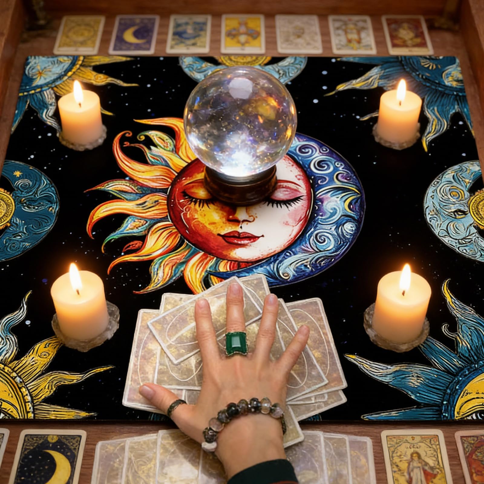 Tappeto per Tarocchi e Carte Oracle, Tovaglia per Altare con Disegno Sole e Luna, Accessorio per Cartomanzia, Pendolo e Divinazione, Ottimo per Chi Inizia a Praticare, 50 cm x 50 cm