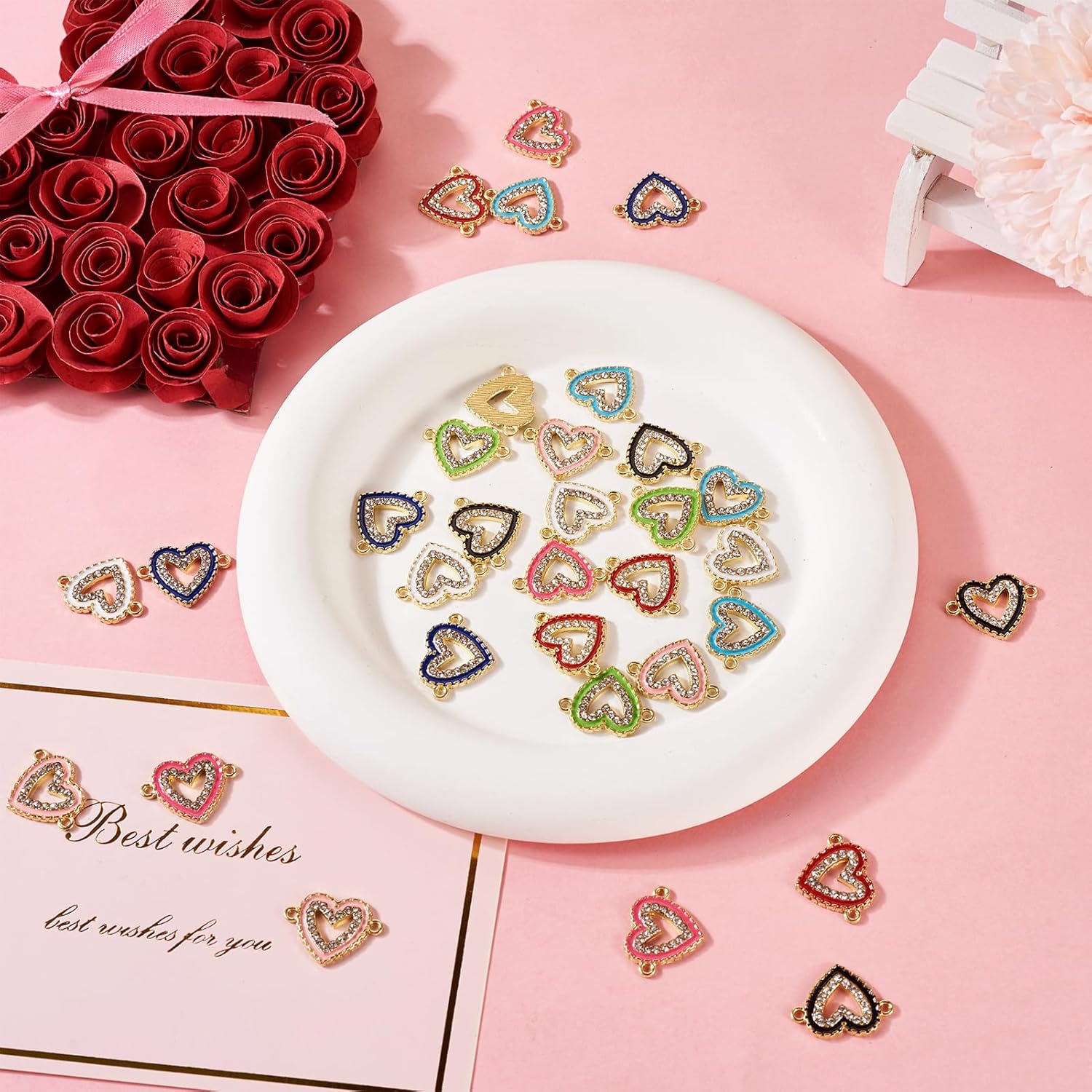32Pcs Love Heart Connector Charms Crystal Rhinestone Love Heart Pendants Link Enamel Valentine Charms for Women DIY Necklace Bracelet Jewelry Making - Image 6