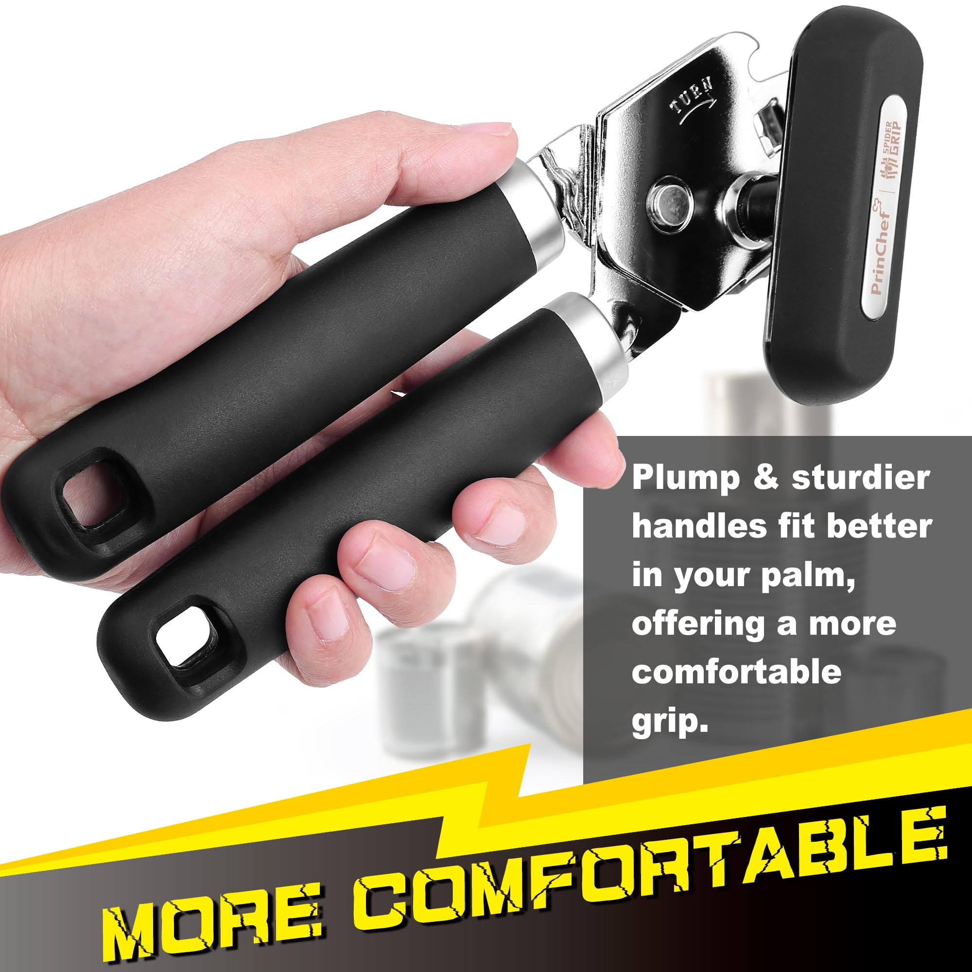 [Corte más suave] Abrelatas manual PrinChef con imán, mango mejorado para un agarre más cómodo, abrelatas de mano para personas mayores, abrelatas resistente, borde liso, abridor de botellas fácil de