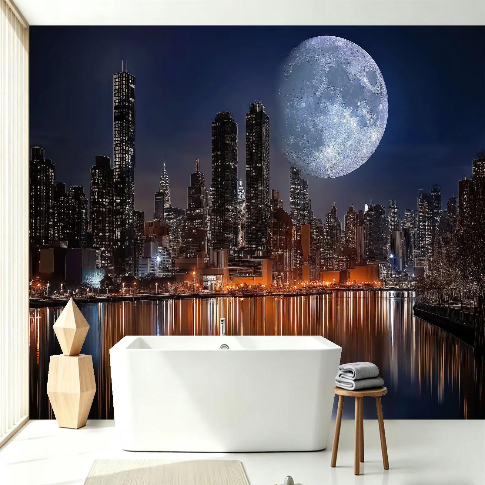 Księżyc Nowy Jork nocna scena fototapeta 200 x 140 cm (szer. x wys.) nowoczesna miejska fototapeta do dekoracji ścian przedszkola, dekoracja salonu i kuchni