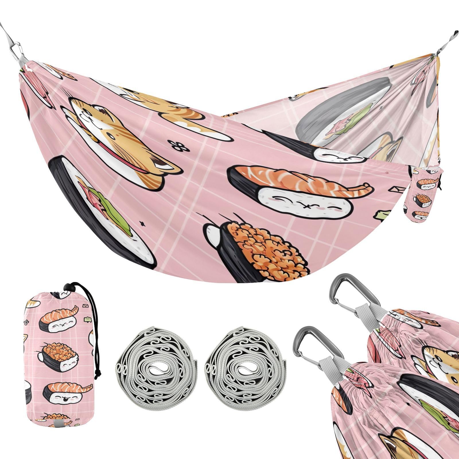 ATTX Sushi Kawaii Pattern Camping Hammock - Lightweight & Portable Hammocks, Heavy Duty 330lbs Capacity for Indoor, Hiking, Backpacking, Travel, Backyard, Beach#484