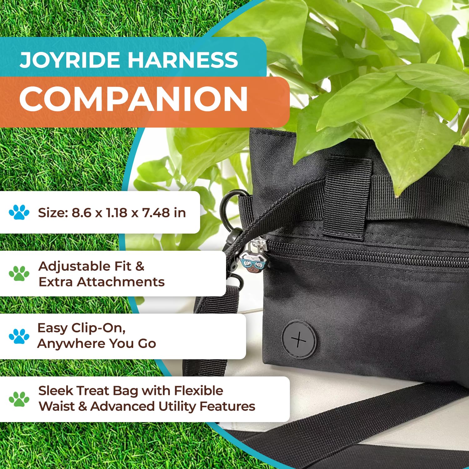 Joyride Harness Pochette de dressage pour chien – Ceinture réglable, fonction clip et distributeur de sacs à déjections canines intégré, compact, durable et élégant