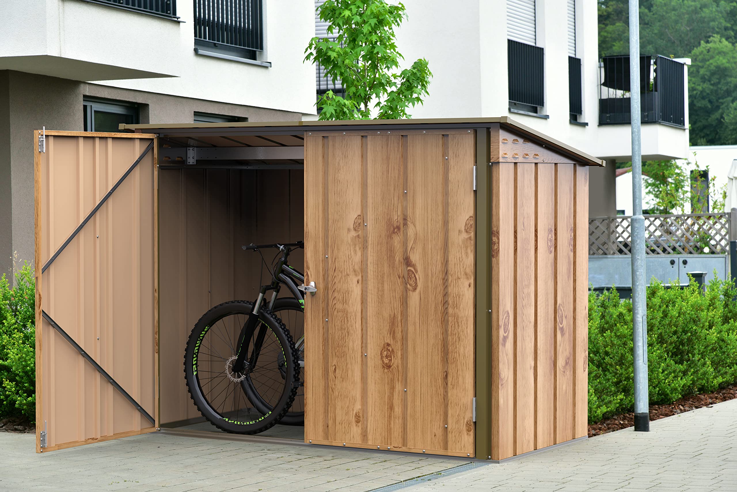 Duramax Abri à vélos pour 2 vélos avec portes doubles verrouillables entièrement larges, abri de stockage en métal, abri de jardin pour vélos, stockage de vélos, 203 x 101 x 146 cm, grain de bois