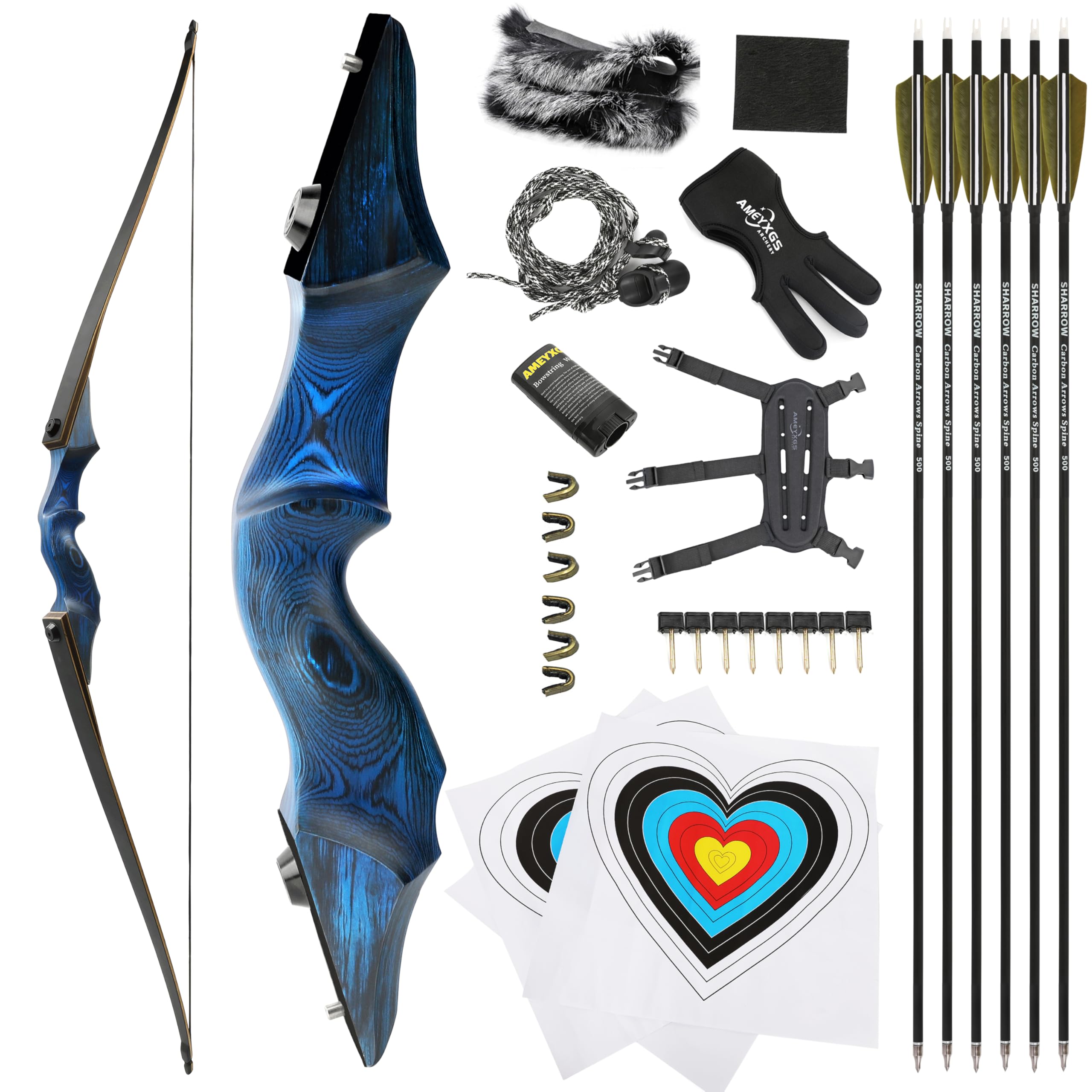60" Black Hunter Recurve Bow Hunting Takedown Wood Longbow Archery 20-60lbs Left/Right Handed for Archery Hunting Shooting Practice (Right Hand,Diamond Blue,50 LBS)