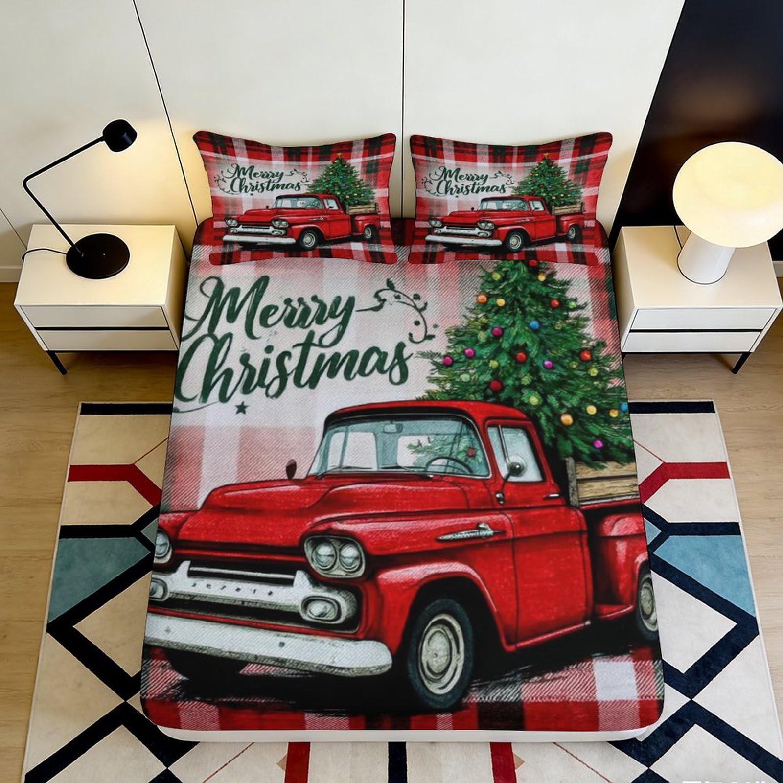 3D Printed Red Christmas Truck Fitted Sheet Microfiber Soft Festive Tree Bed Cover for Bedroom Guestroom Decor 90x200x25cm