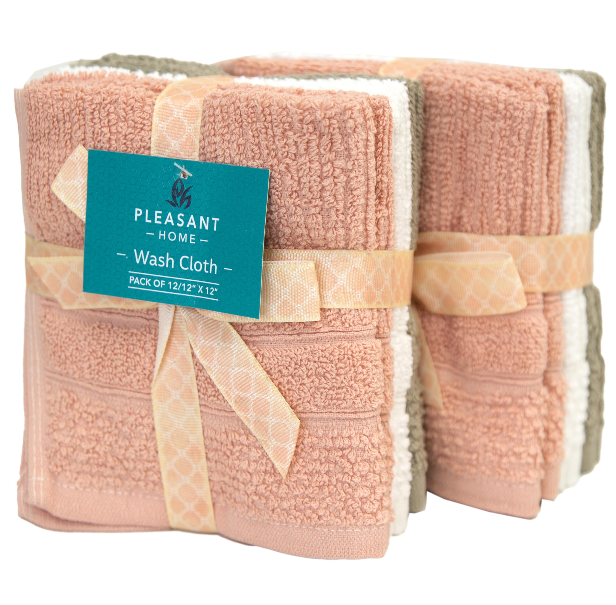PH Pleasant Home Ribbed Wash Cloths Set - 12 Pack (12” x 12”) – 509 GSM - 100% Ring Spun Cotton Wash Cloth - Super Soft and Highly Absorbent Face Towels (Blush,White &amp; Tan)
