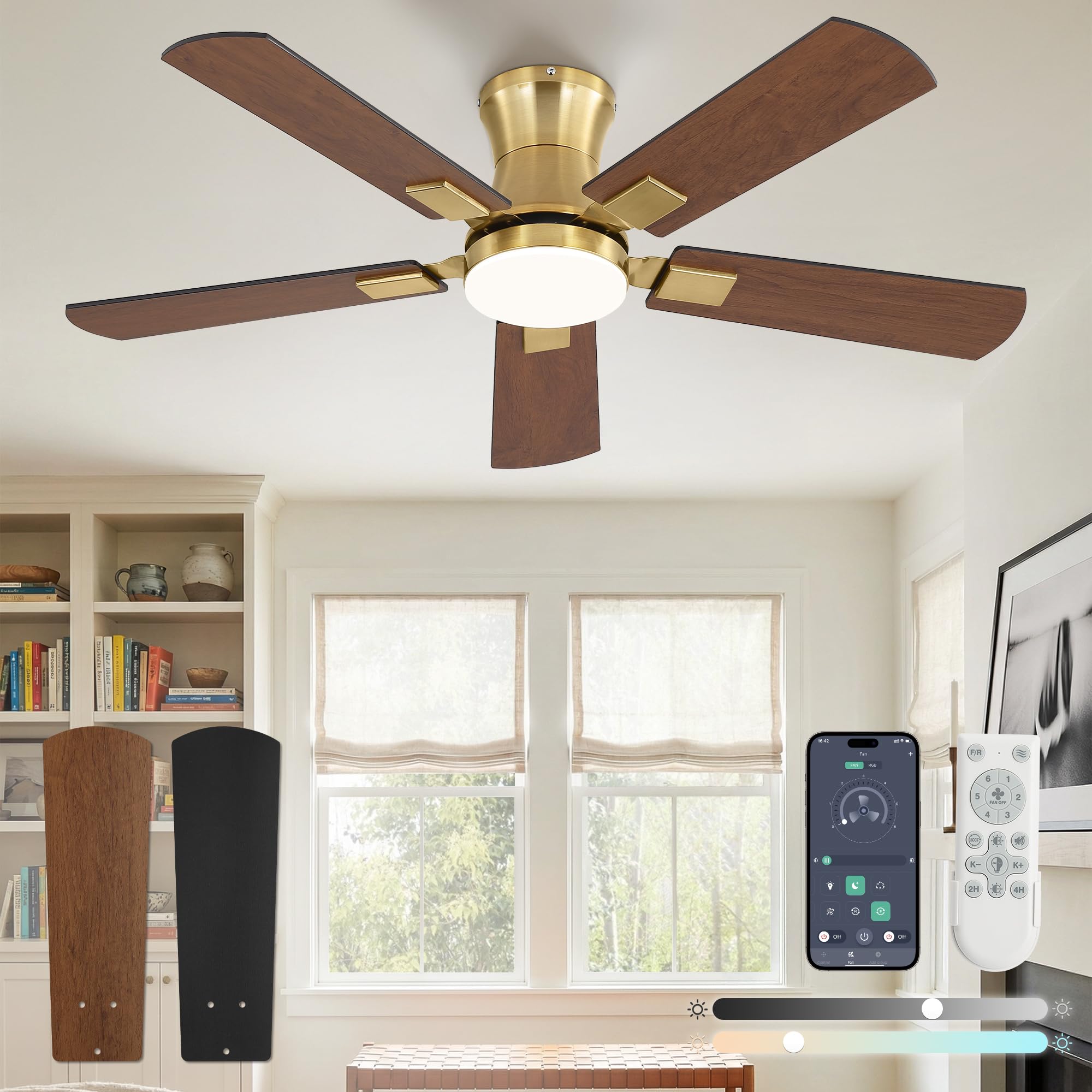 Photo 1 of Fanbulous 42 inch ceiling fan with light, Low Profile Ceiling Fan with Light, App&Remote Control, Dimmable LED Light, Flush Mount Ceiling Fan for Indoor Bedroom Living Room, Qiuet DC Motor