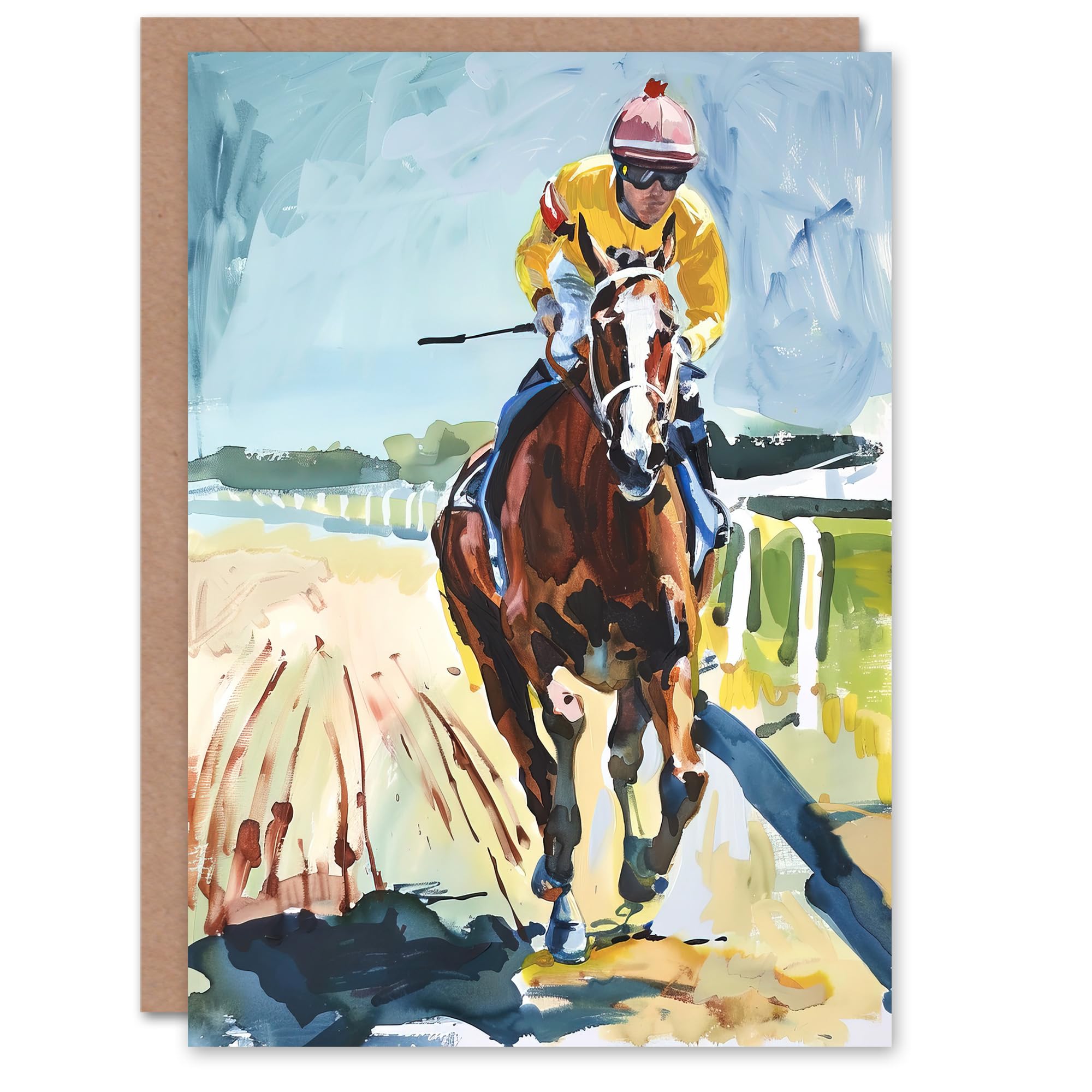 Artery8 Greeting Card Horse Racing Jockey Artistic Painting For Him Man Birthday Card