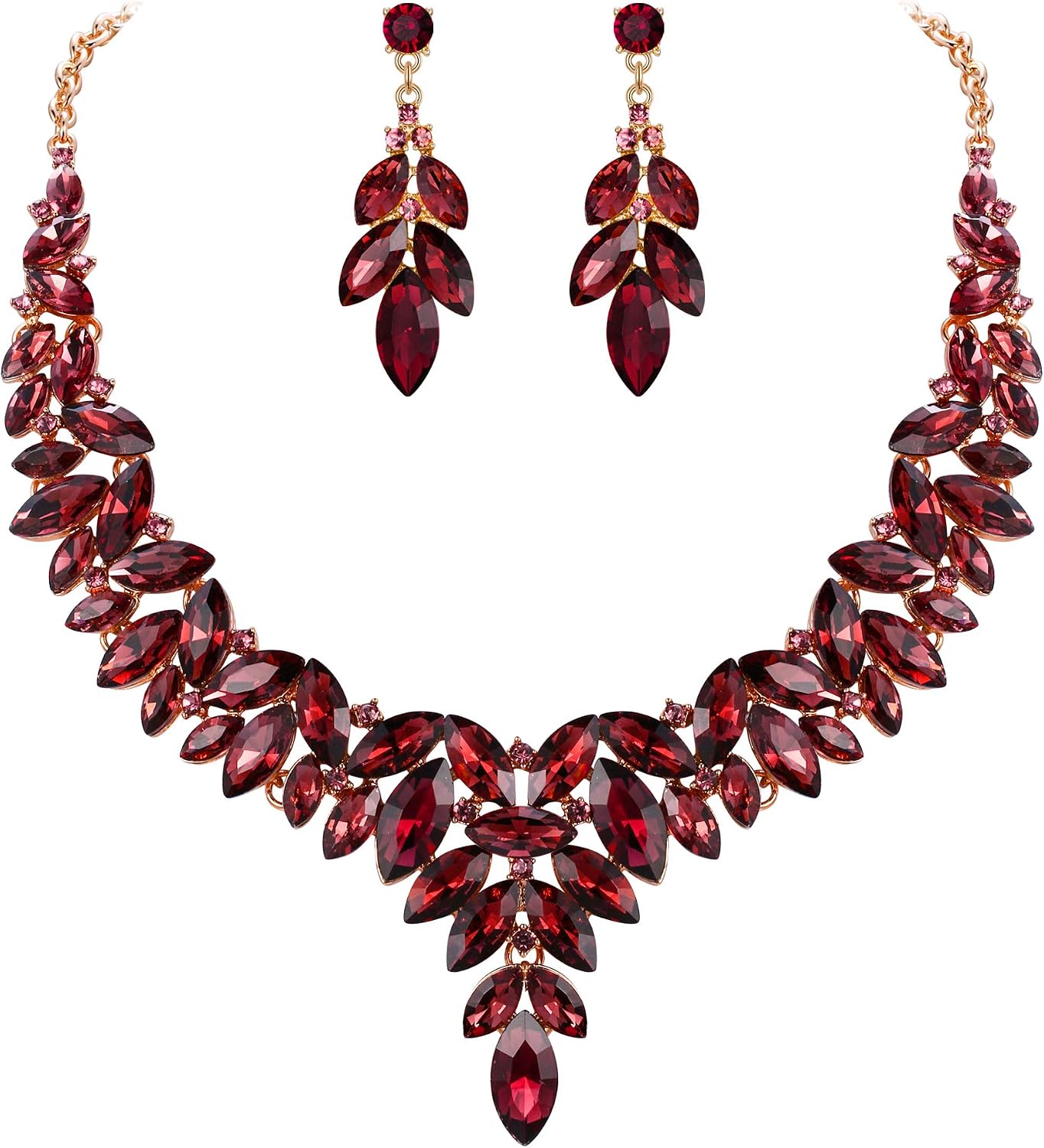 Flyonce Women's Crystal Floral Leaf Vine Necklace Earrings Set for Wedding Party Prom