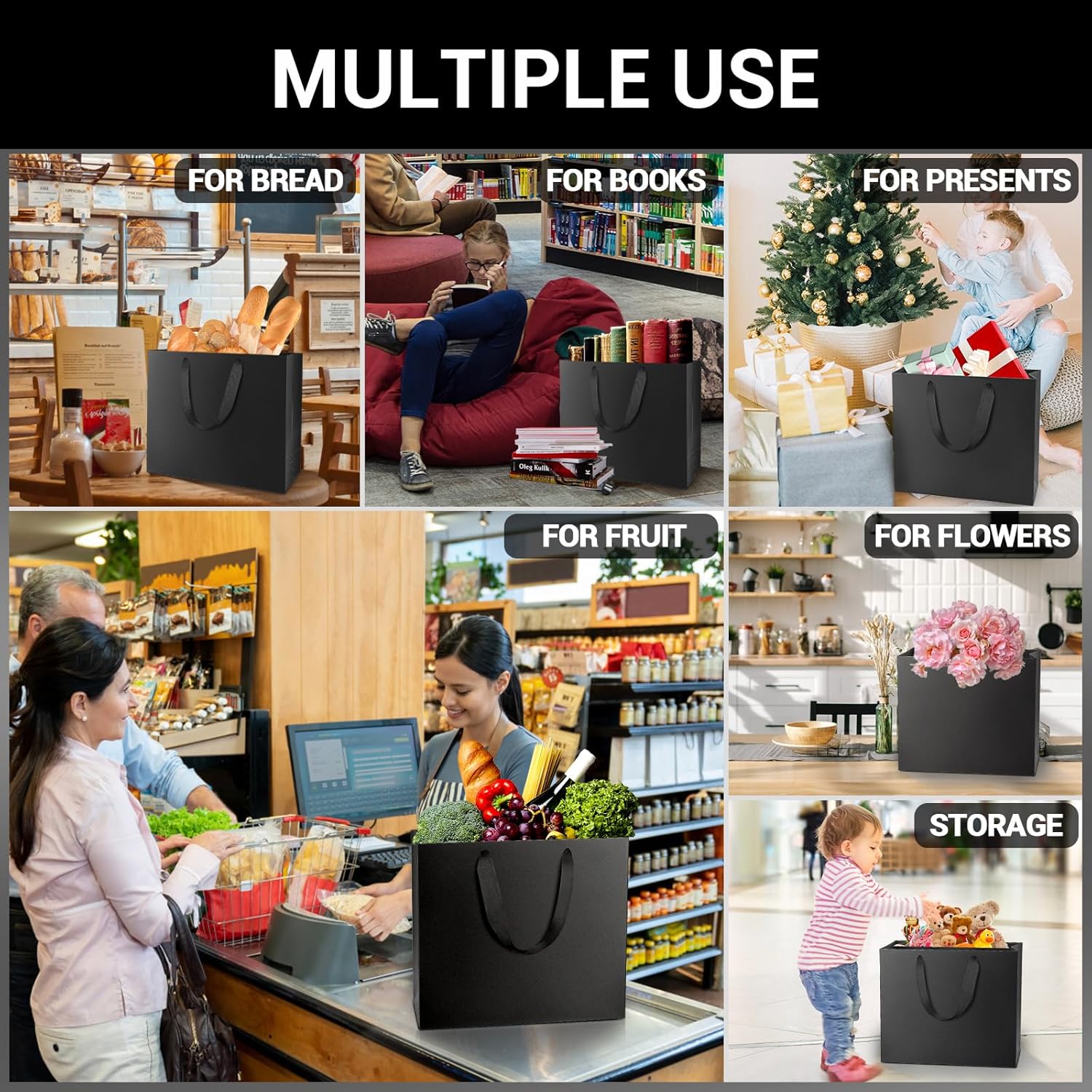 EUSOAR Large Gift Wrap Bags Bulk, 50 Pack 12.5x4.5x11 inches Black Paper Bags with Handles, Heavy Duty Totes for Wedding, Grocery, Boutique, Retail, Business, Party Favors, Baby Showers, Birthdays - Image 4