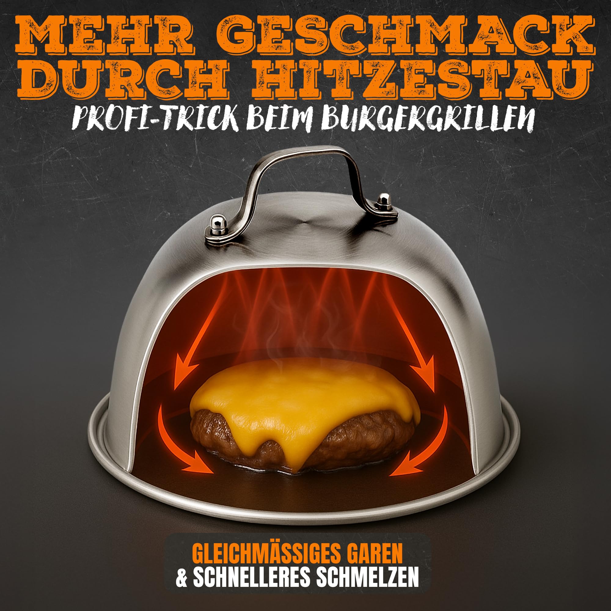Smash Burger Set – 4-teiliges Burger Set aus Edelstahl & edlen Holzgriffen – inkl. Burgerglocke für extra Aroma - Plancha Zubehör für Smash Burger – Burger Presse, Spachtel, Wender & Glocke