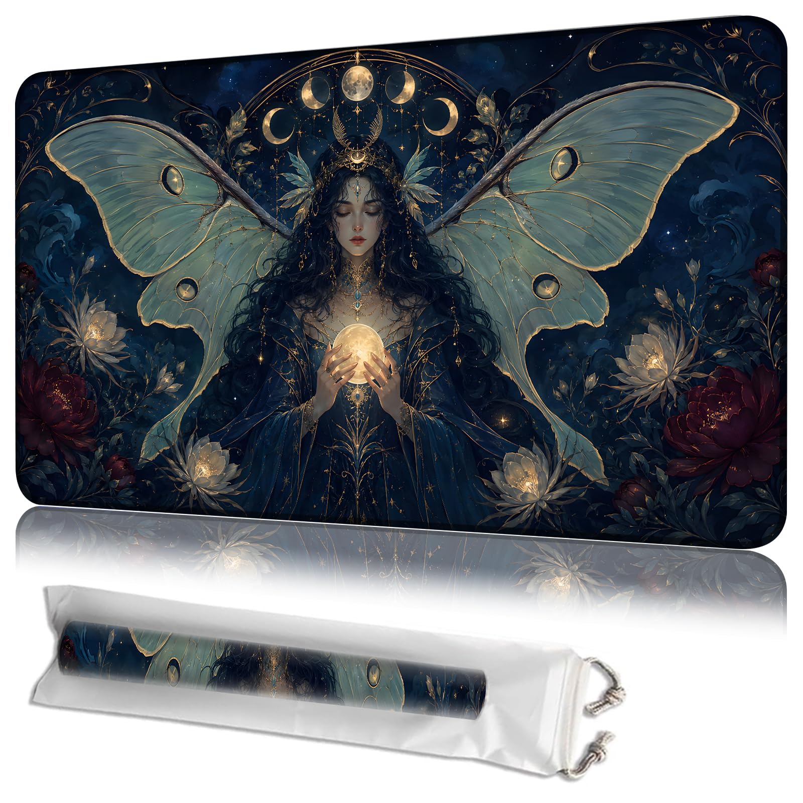JANENFNA MTG Playmat 24 x 14 in with Storage Bag, Non-Slip Rubber Base