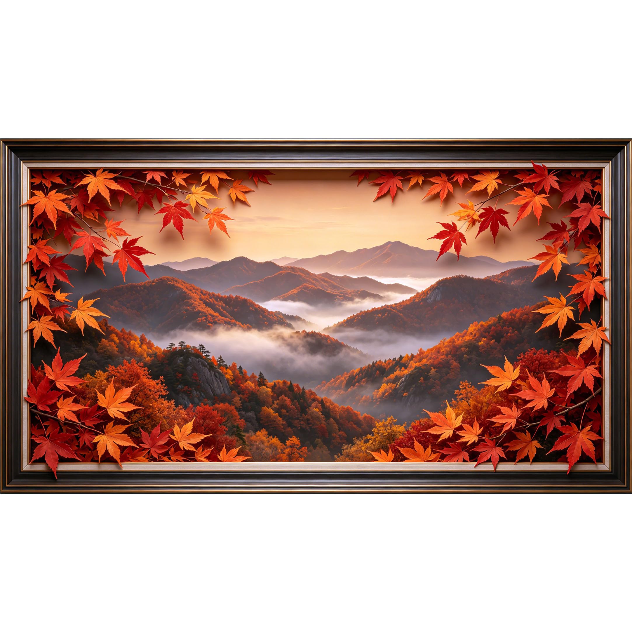 QZLITHOTIC 50×90cm3D Framed Wall Art， Autumn Maple Leaf Mountain Landscape SelfAdhesive Mural， WaterActivated Peel & Stick Fabric Decor Wall Decal for Bedroom Living Room