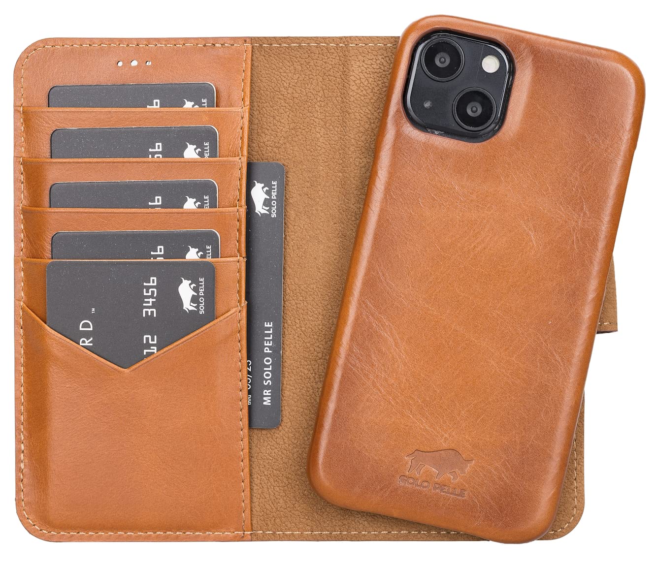 Solo Pelle Lederhülle kompatibel für iPhone 13 in 6.1 Zoll abnehmbare Hülle (2in1) inkl. Kartenfächer für das original Apple iPhone 13 (Vollleder Cognac Braun)