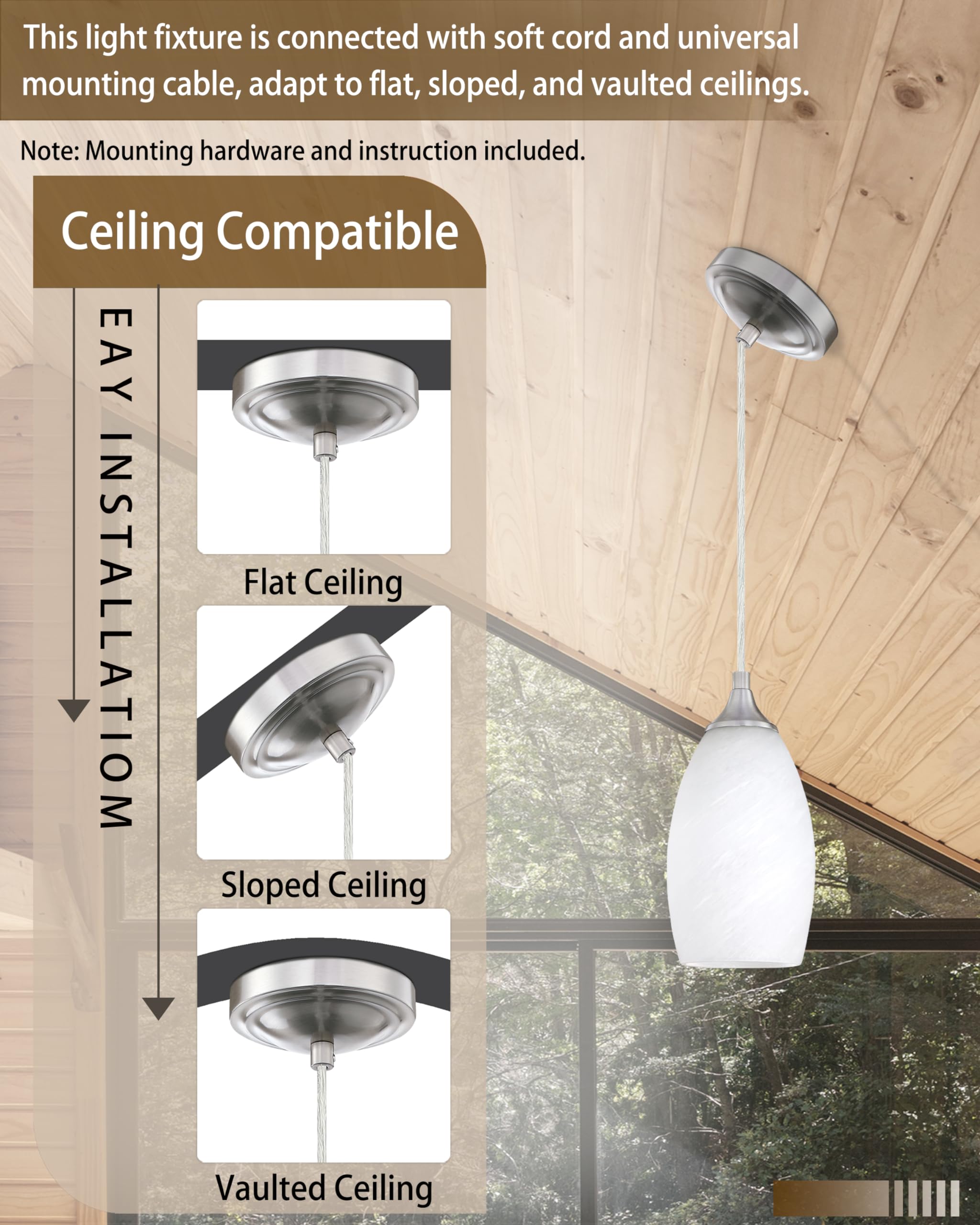 3 Pack 1 Light Indoor Mini Hanging Kitchen Island Pendant Lamps 4.75" Handcrafted Frosted Glass Chandelier Shade Brushed Nickel Finish Bar Dining Room Over Sink