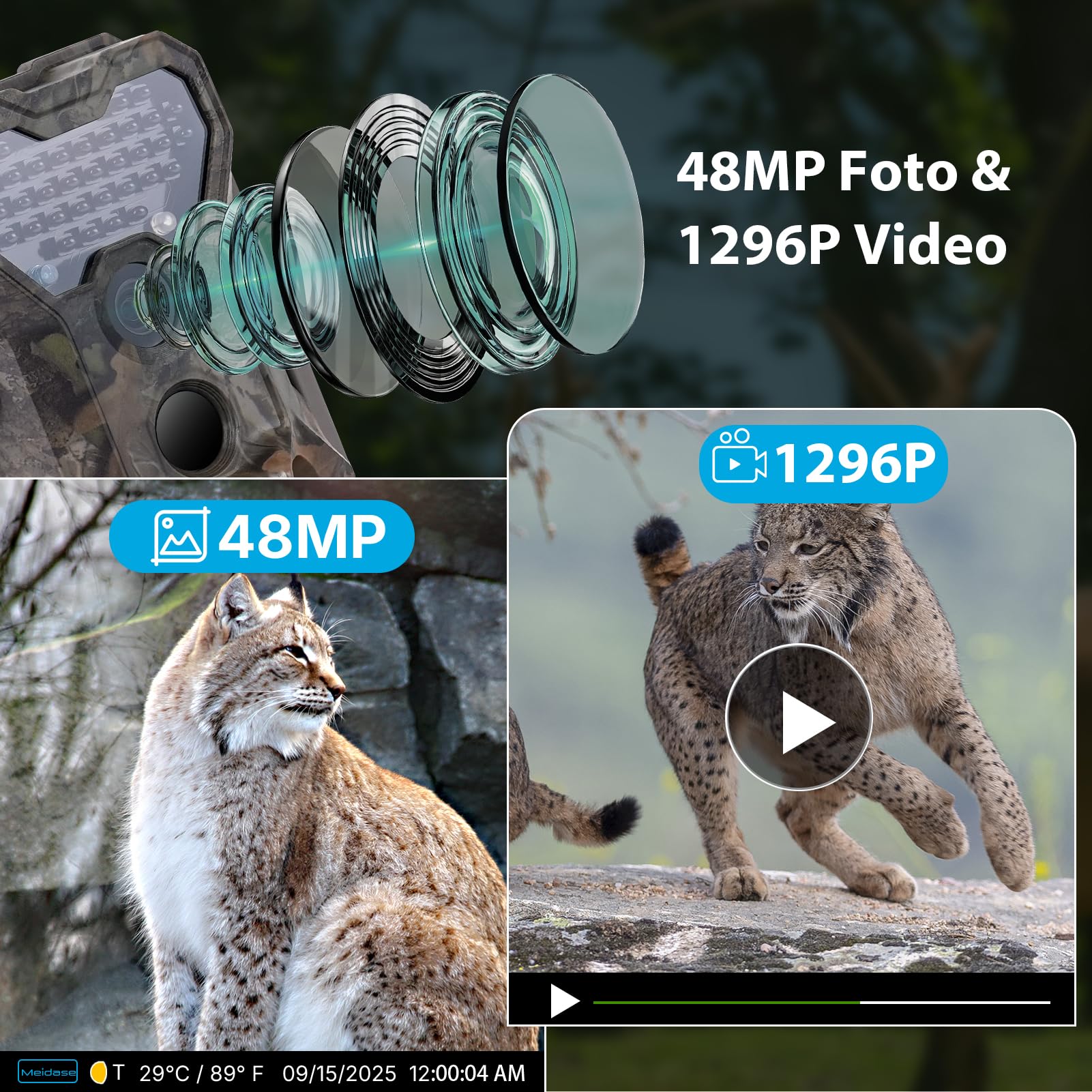 Meidase S970 4G LTE Wildkamera, 48MP 1296P, Mit Live Streaming Funktion, Nachtvision, 0.1s Bewegungsaktivierung, Wasserdicht, App Übertragung, GPS Ortung