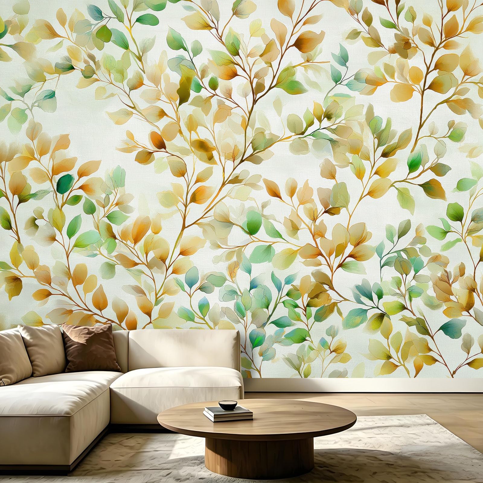 Fototapete 350 x 256 cm (B x H) Tapete Modern Aquarell Blätter Tapeten Vliestapete, Grün Wandtapete für Wohnzimmer Schlafzimmer Apartment Esszimmer Wanddeko Motivtapeten