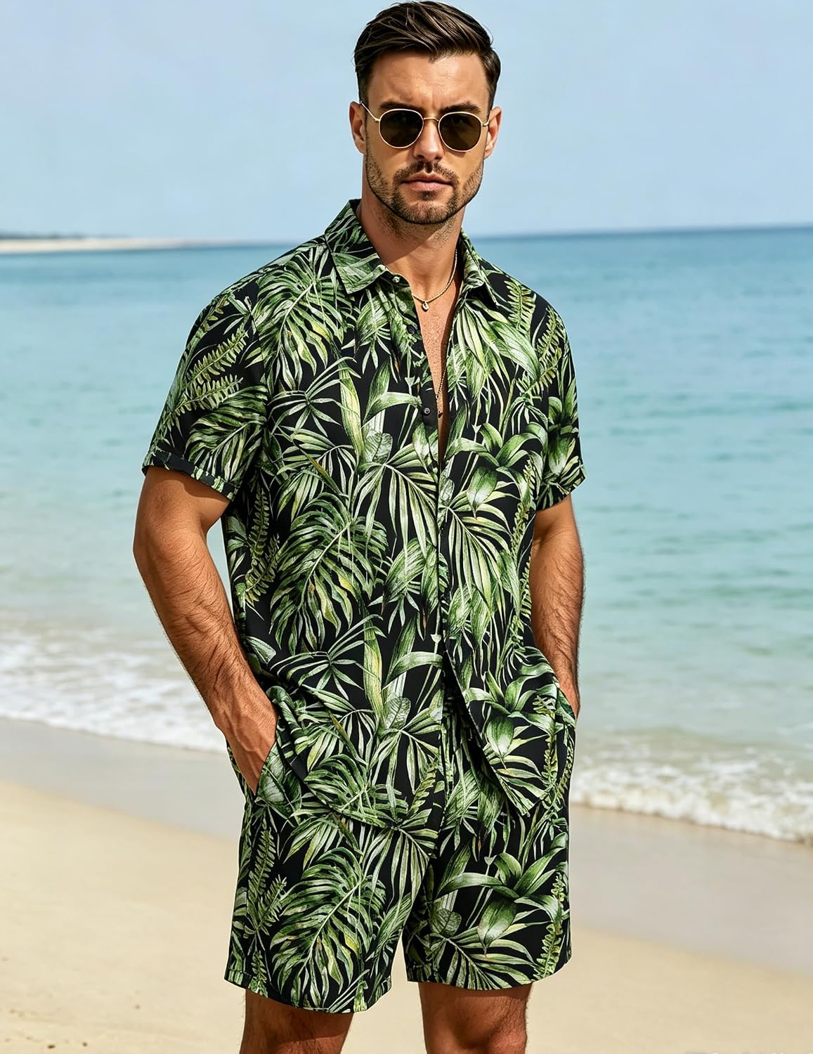 MioRoim Mens Shorts Sets 2 Piece Outfits Summer Beach Hawaiian Matching Set | Classic Tropical Print 2 Piece Outfits, Casual Short Sleeve Button Shirt with Loose Beach Shorts