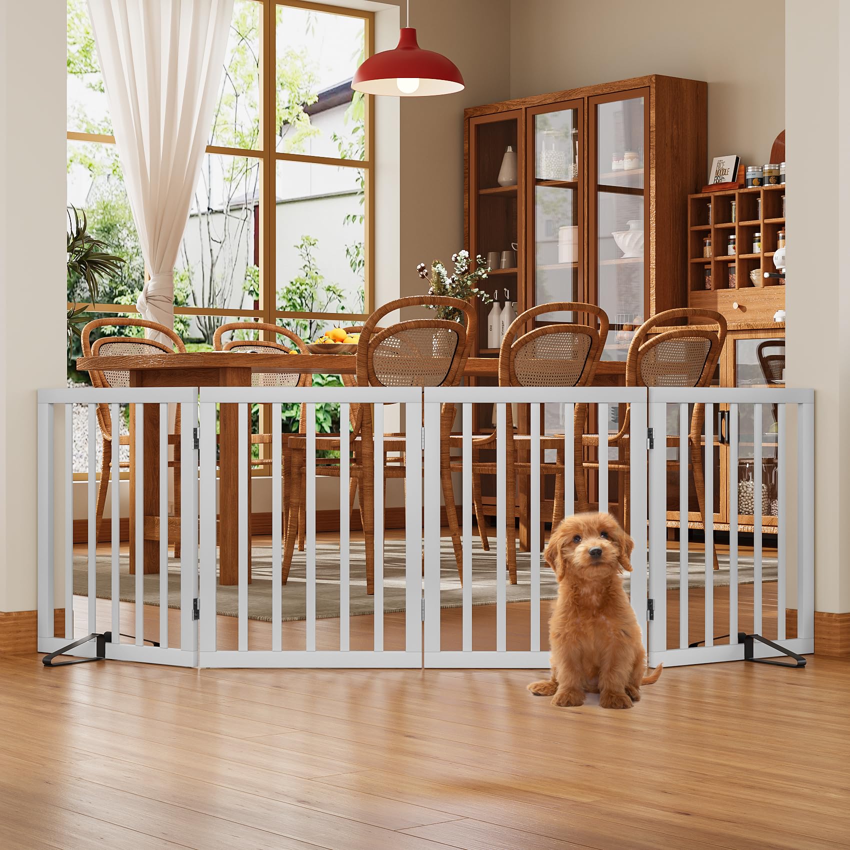 Morwdxef Freistehendes Hundegitter, Faltbares Hundebarriere für Tür,Treppen,Flur,Küche & Schlafzimmer, Freistehenden Haustiergitter aus Bambus, Absperrgitter Hund Schutzgitter mit 2 Stützfüßen