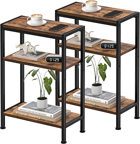 Miniatura 15 de Mesa auxiliar estrecha para espacios pequeños, mesa auxiliar pequeña de 3 niveles con soporte para estantes, mesita de noche delgada, mesa de sofá