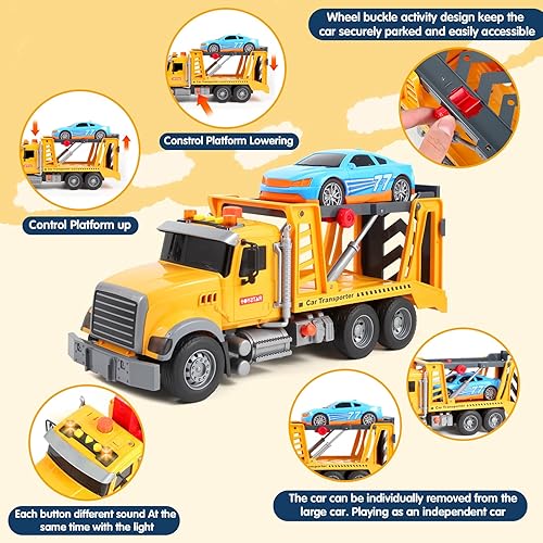 Miniatura 4 de Olbyefly Camiones de juguete para niños pequeños de 3, 4, 5, 6, 7 años, camión de remolque de cama plana grande de 15 pulgadas con auto de juguete,