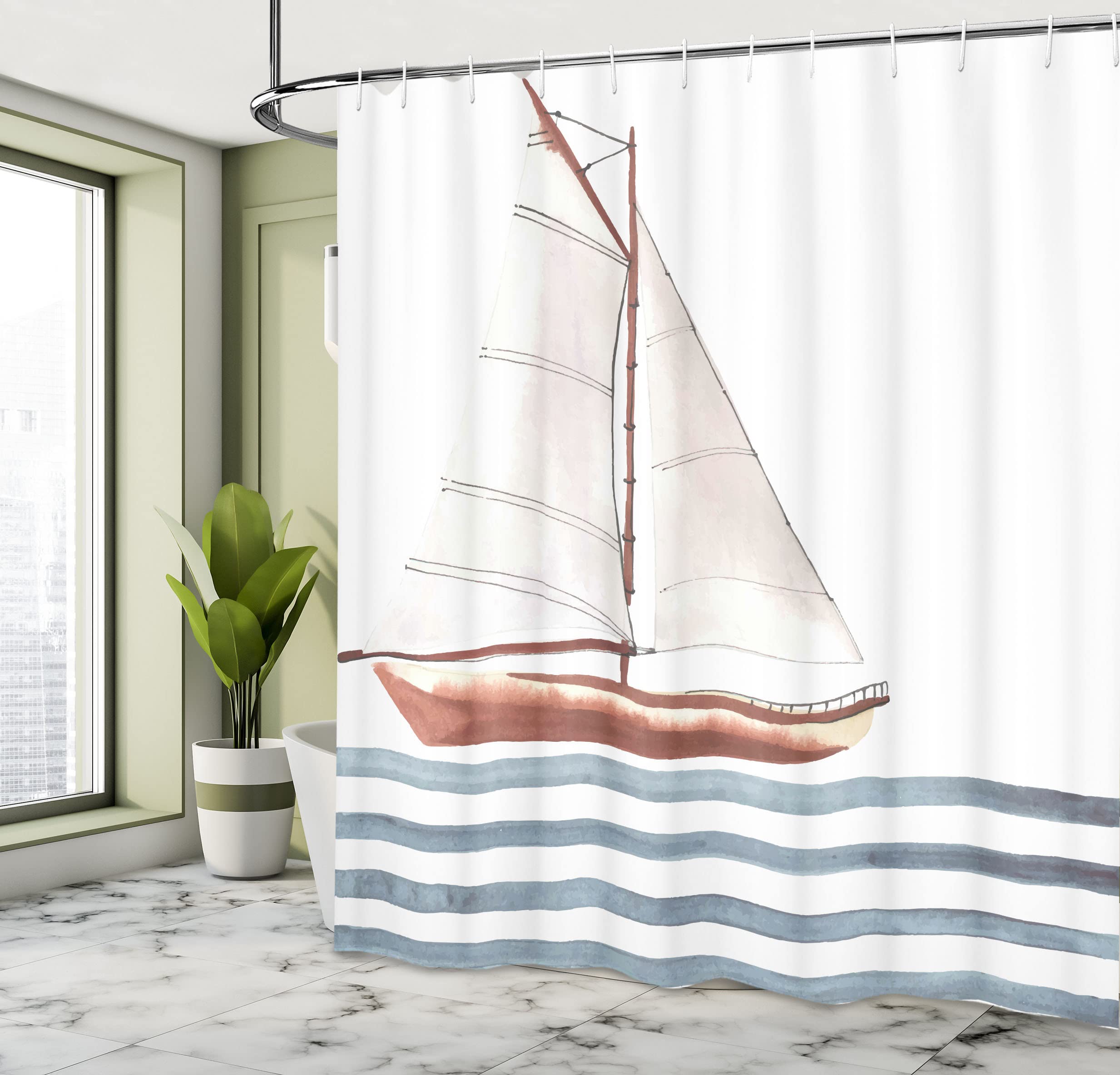 ABAKUHAUS Nautical Shower Curtain, Let Your Dreams Sail Words with Boat in Waves Motivation Lifestyle Print - Image 4