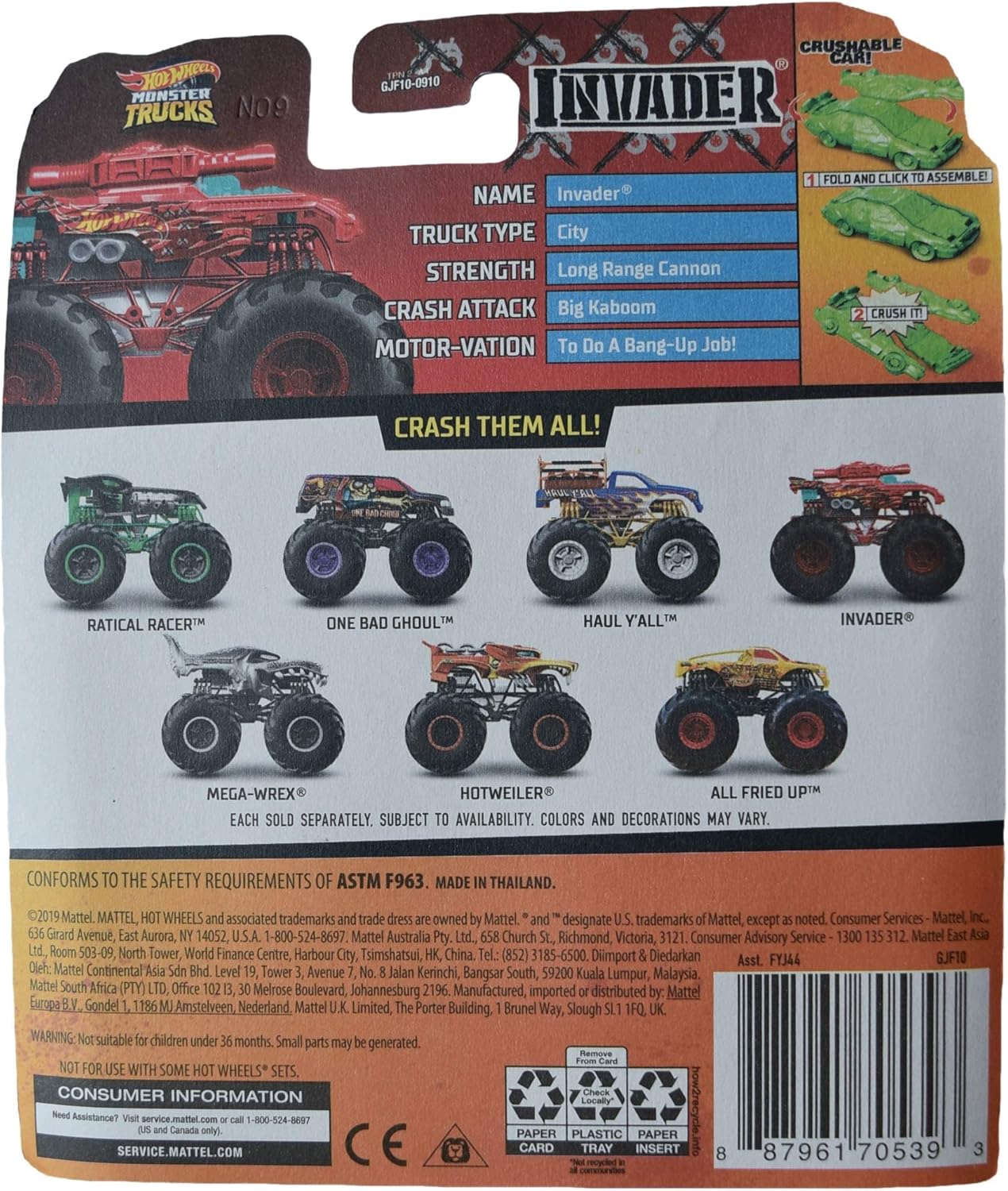 Hot Wheels Monster Trucks Invader - Includes Crushable Car - red