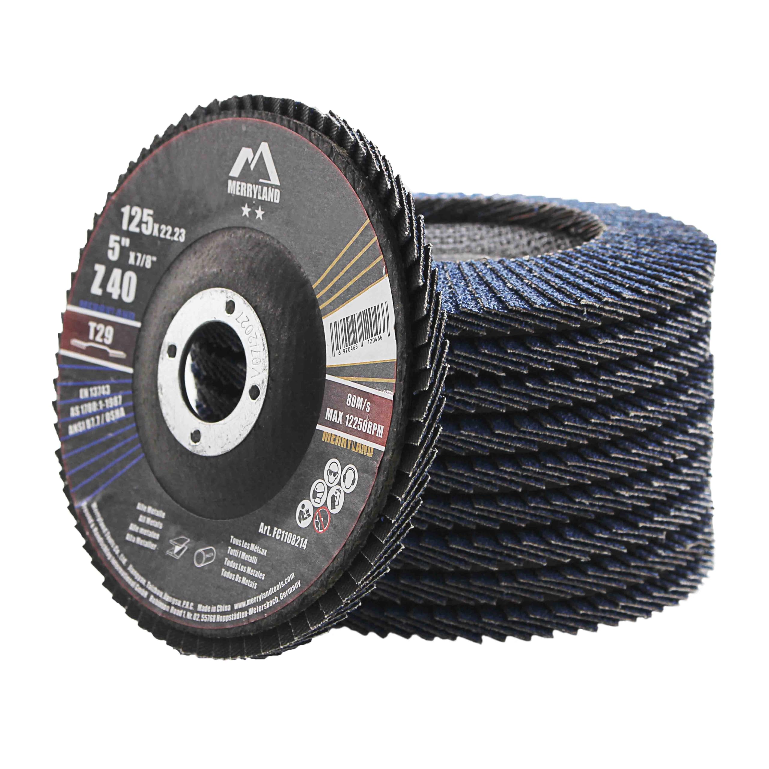 Merryland Disco de Láminas Lijadoras 125mm Grano 40 T29 10 Piezas Corindón De Circonio Azul Acero INOX Hierro