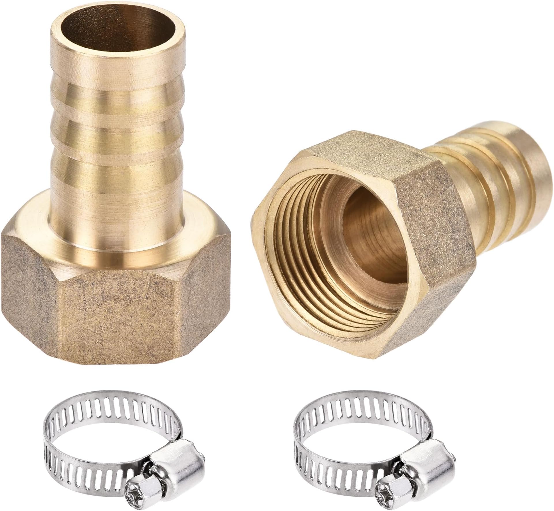 sourcing map Brass Barb Hose Fitting Connector Adapter 19mm Barbed x G3/4 Female Pipe with Hose Clamp 2Set