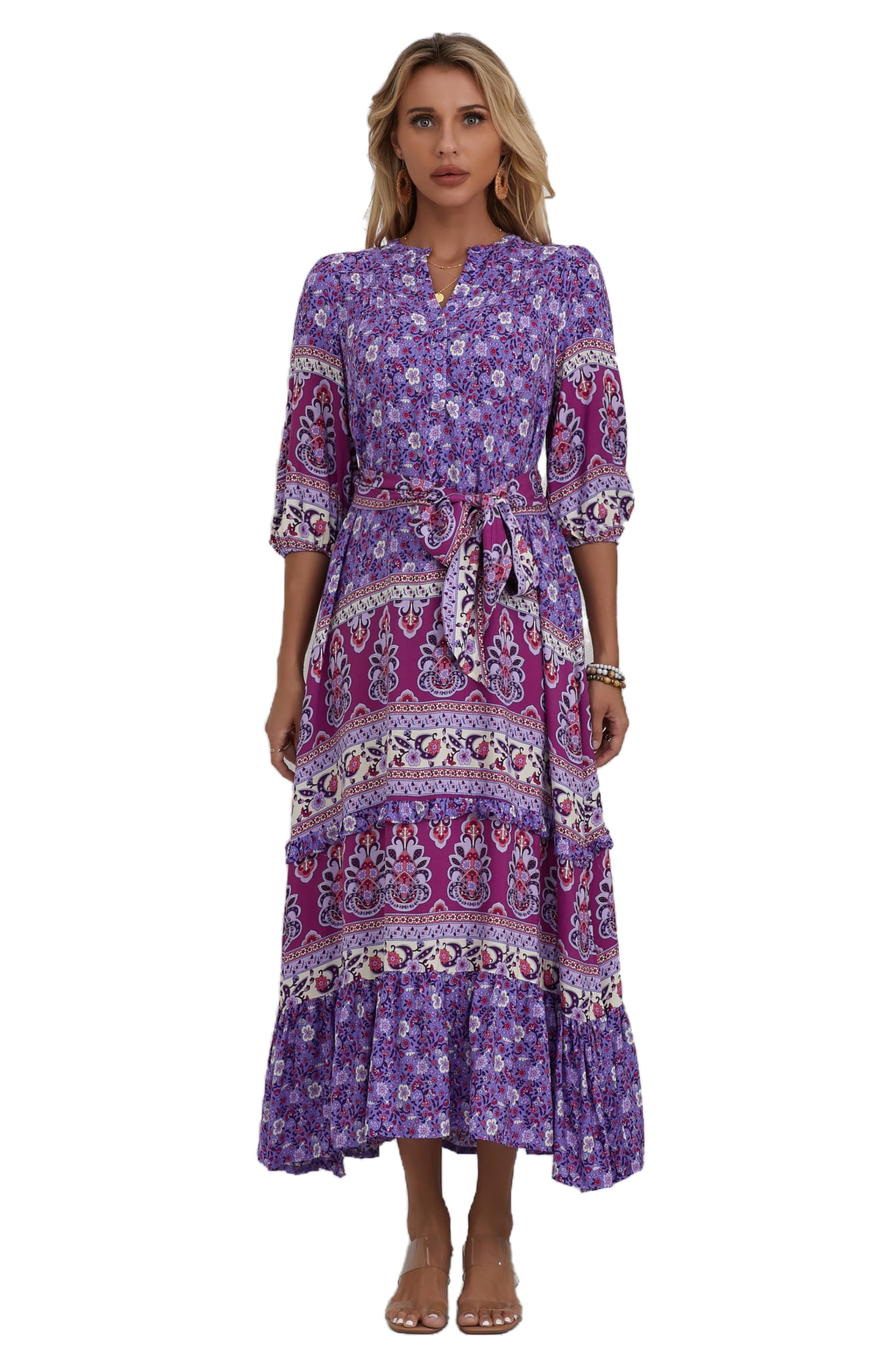 Women Boho High-Waist Floral Print Maxi Dress 3/4 Sleeve Casual | Soft Rayon, Breathable, Quick-Dry. High-Waist with Adjustable Belt, Flattering Hem. Ideal for Beach, Work &amp; Dating.
