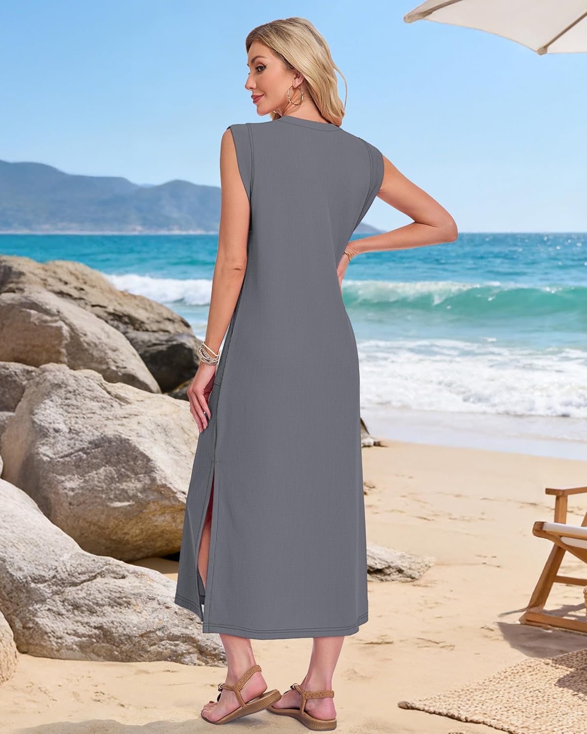 MISFAY Summer Dresses for Women 2026 Waffle Knit Long Maxi Sundresses Cap Sleeve Loose Beach T Shirt Dress - Image 3