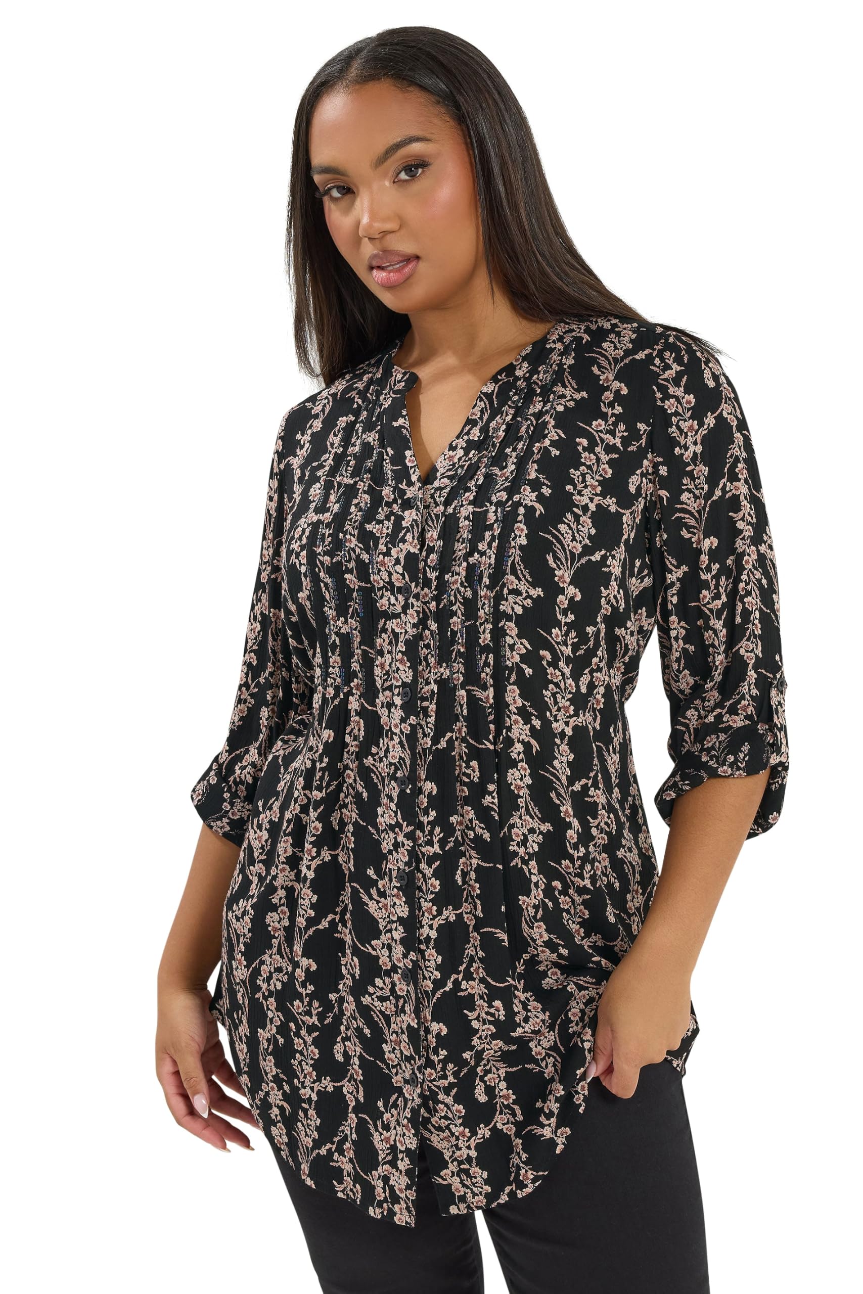 Yours Women's Black Sequin Floral Pintuck Blouse In | : 26/28