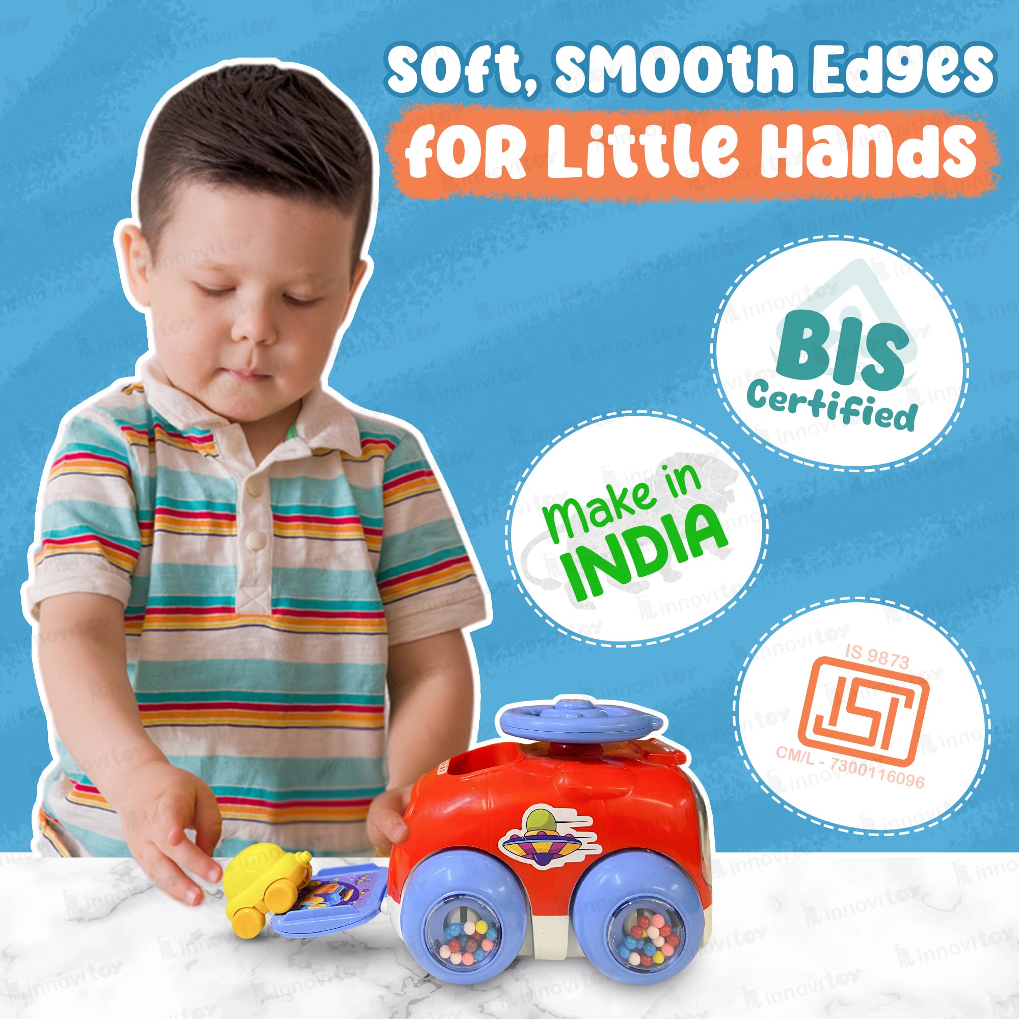 innovitoy Catapult Car Toys for Kids 2 Years | Push Friction Baby Car with Rattle Sound Wheels & Press Button Steering Wheel to Launch Two Mini Kids Cars | BPA-Free | Baby Gift Set-Made in India(Red) 3