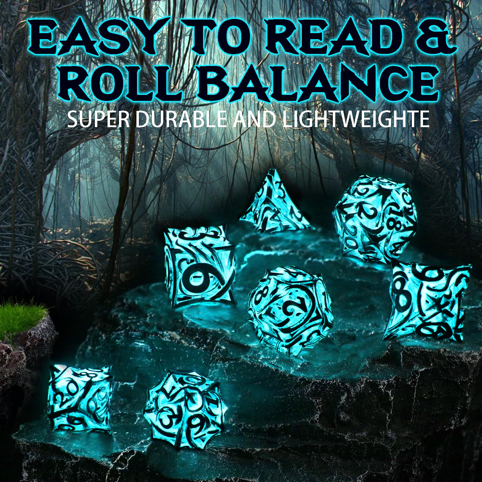 FONVGOGO Lot de 7 dés DND phosphorescents en métal pour Donjons et Dragon – Jeu de dés polyédriques creux en métal creux pour jeu de rôle – Vigne bleu vif