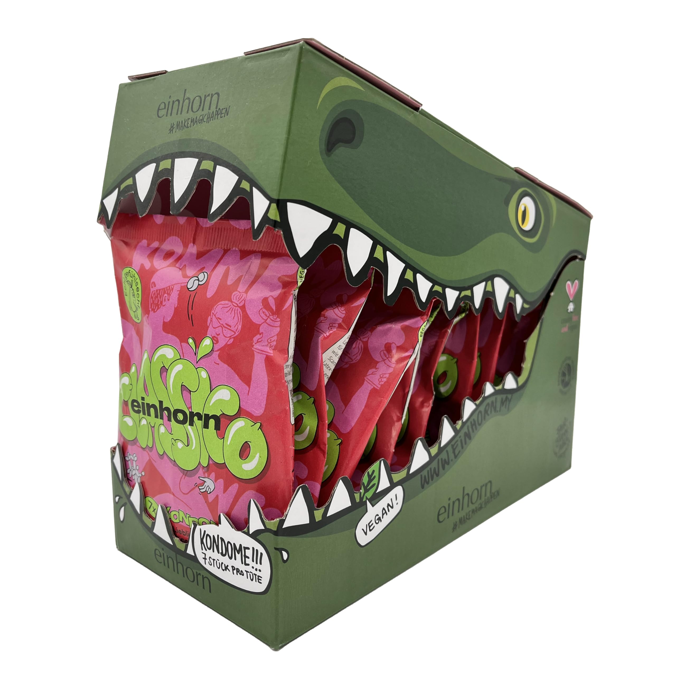 einhorn Kondome I 63 Stück - Super Dino Classico I Standardgröße 54 mm I Geschenkspecial I vegane, hormonfreie Verhütung I natürlicher Gleitfilm I nachhaltig und sicher