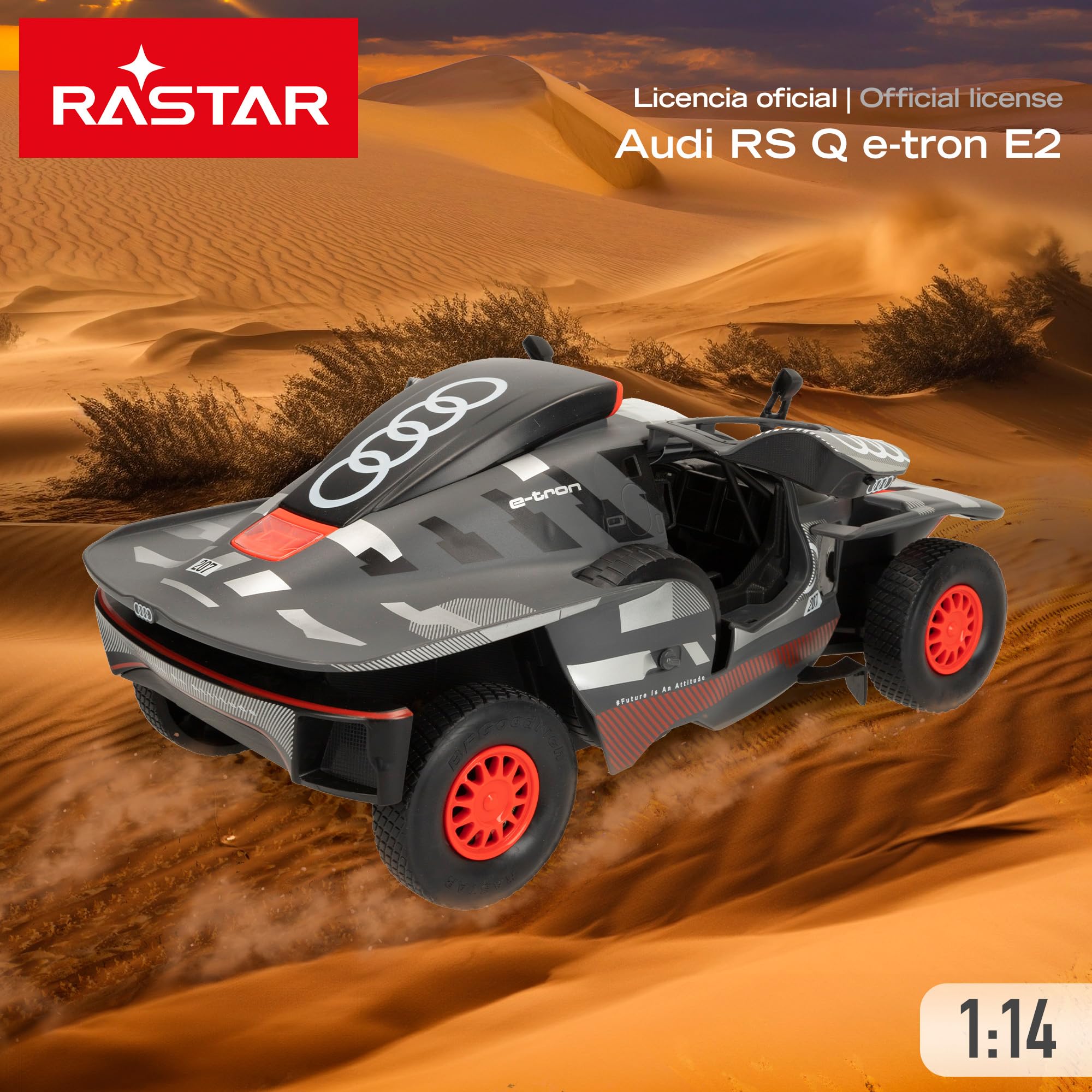 ColorBaby RASTAR Samochód zdalnie sterowany wyścig Audi RS Q e-Tron E2, Zwycięzca Rajd Dakar 2024 Carlos Sainz, Skala 1:14, Częstotliwość 2.4GHz, 6 kierunków, Wbudowane, Zdalne sterowanie samochodami