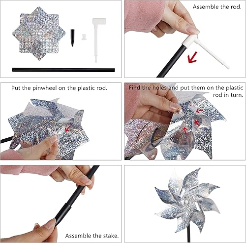 Miniatura 8 de Hausse Paquete de 10 molinetes reflectantes y 10 picos de acero inoxidable para pájaros