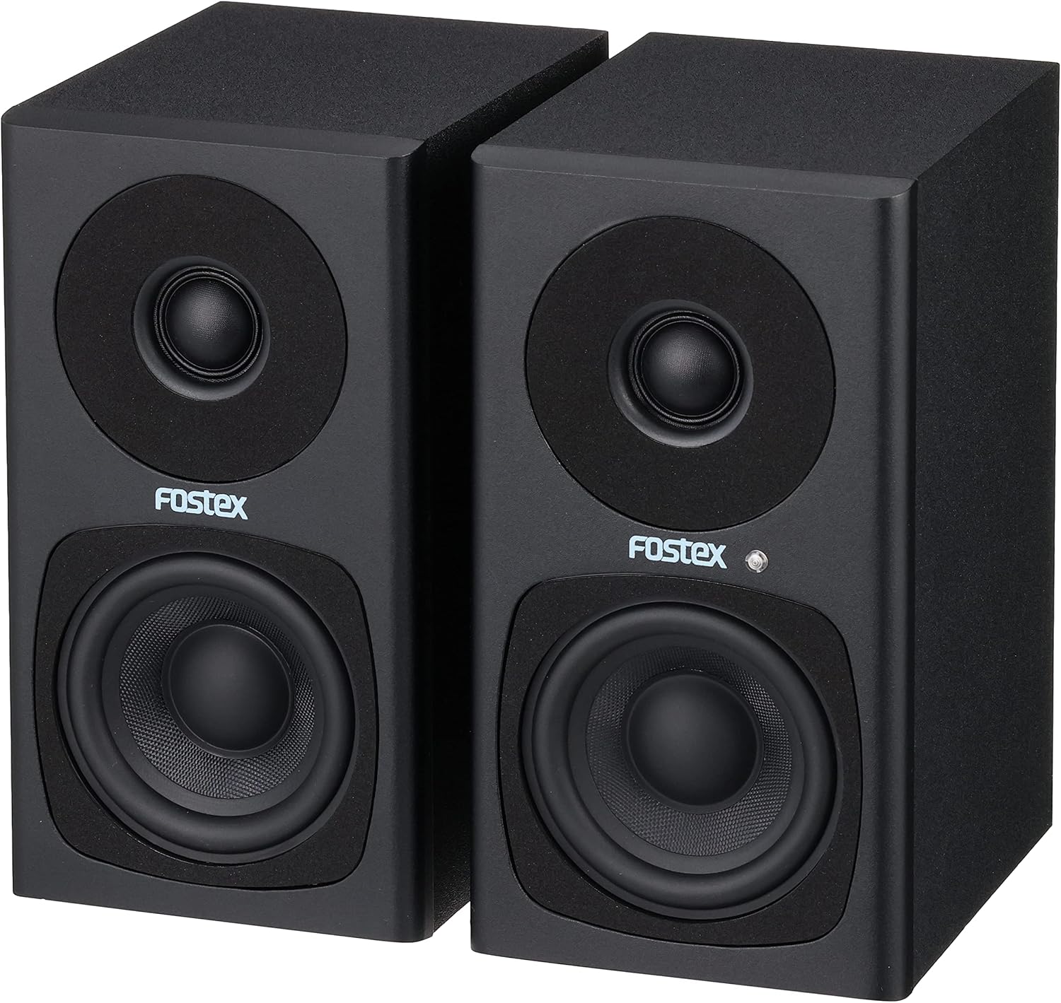FOSTEX PM0.3H(B) Active Speaker System and included accessories laid out