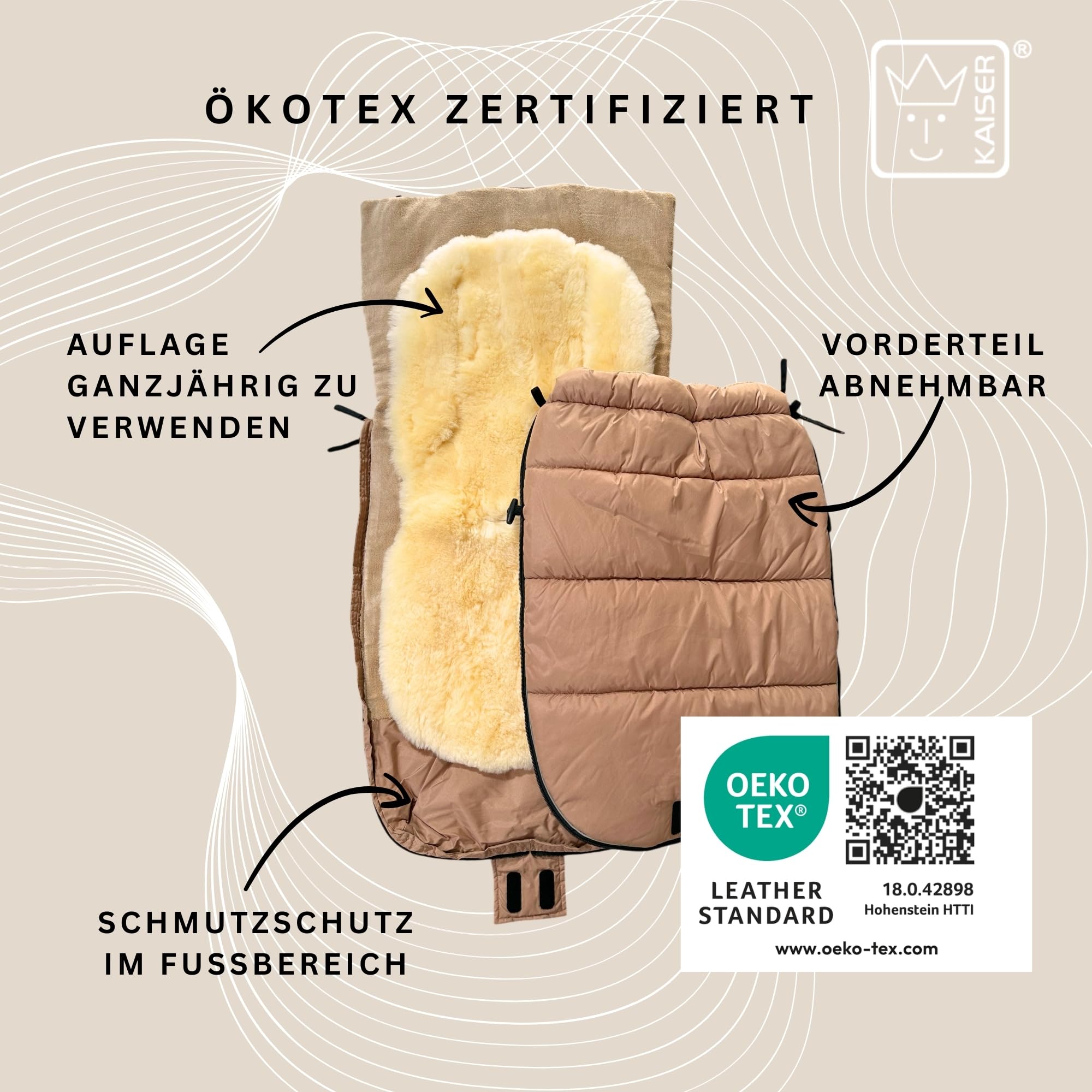 SHEEP Thermo Fußsack mit Lammfelleinlage, 100x45cm, Universal Kinderwagen, Wasserabweisend, Reflektorstreifen (sand)