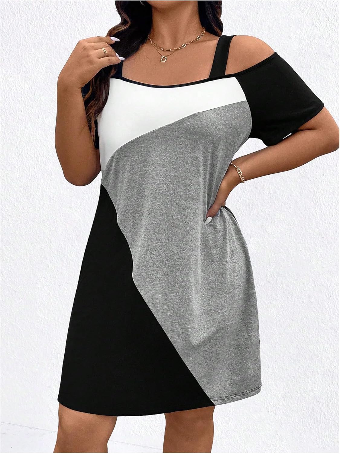 SOLY HUX Women's Plus Size Dress Cold Shoulder Color Block Short Sleeve T Shirt Dress Casual Summer Dresses - Image 4