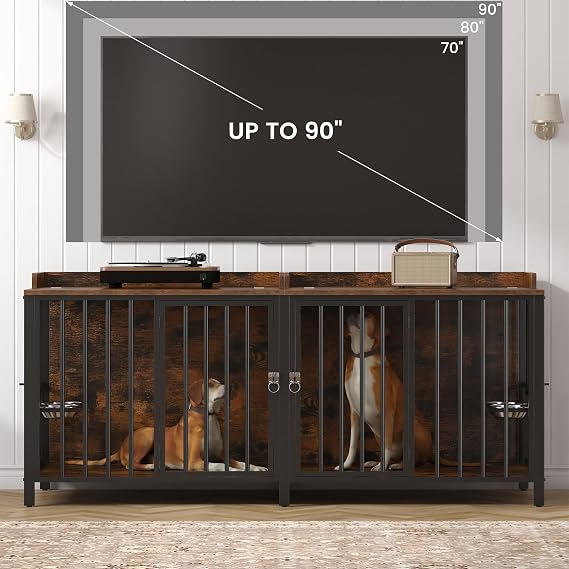 BOINN 78 Inch Dog Crate, Large Dog Crate for 2 Dogs, Dog Kennel Indoor for Large/Medium Dogs with Top Access Door, XL Wooden Dog Cage with 360 Degree Rotatable Stainless Bowls, Heavy Duty Steel Frame
