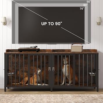 BOINN 78 Inch Dog Crate, Large Dog Crate for 2 Dogs, Dog Kennel Indoor for Large/Medium Dogs with Top Access Door, XL Wooden Dog Cage with 360 Degree Rotatable Stainless Bowls, Heavy Duty Steel Frame