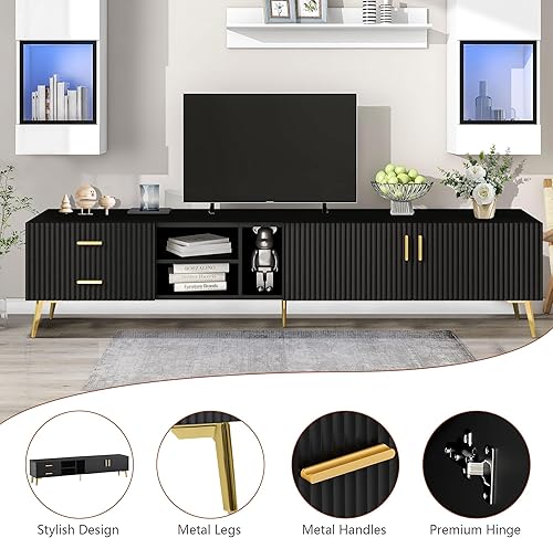 Miniatura 10 de Soporte de TV para TV de 70 pulgadas, moderno centro de entretenimiento con almacenamiento y 2 cajones, consola multimedia con panel de forma de