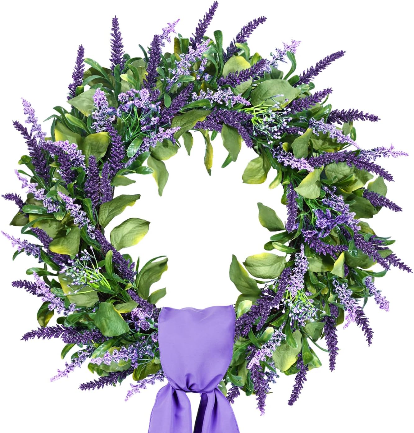 24 Inch Large Purple Lavender Wreath for Front Door, Artificial Summer Wreath with Eucalyptus Leaf for Year Round Indoor & Outdoor Home Decoration, Wedding Decor with Purple sash